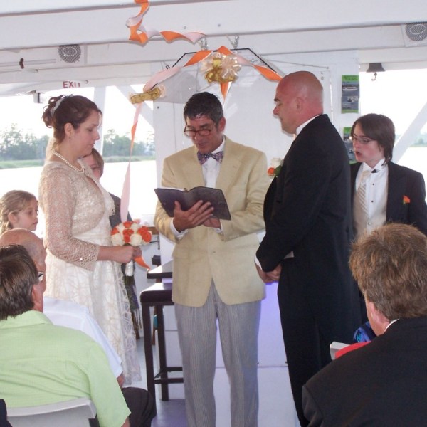 a group of people standing in a room